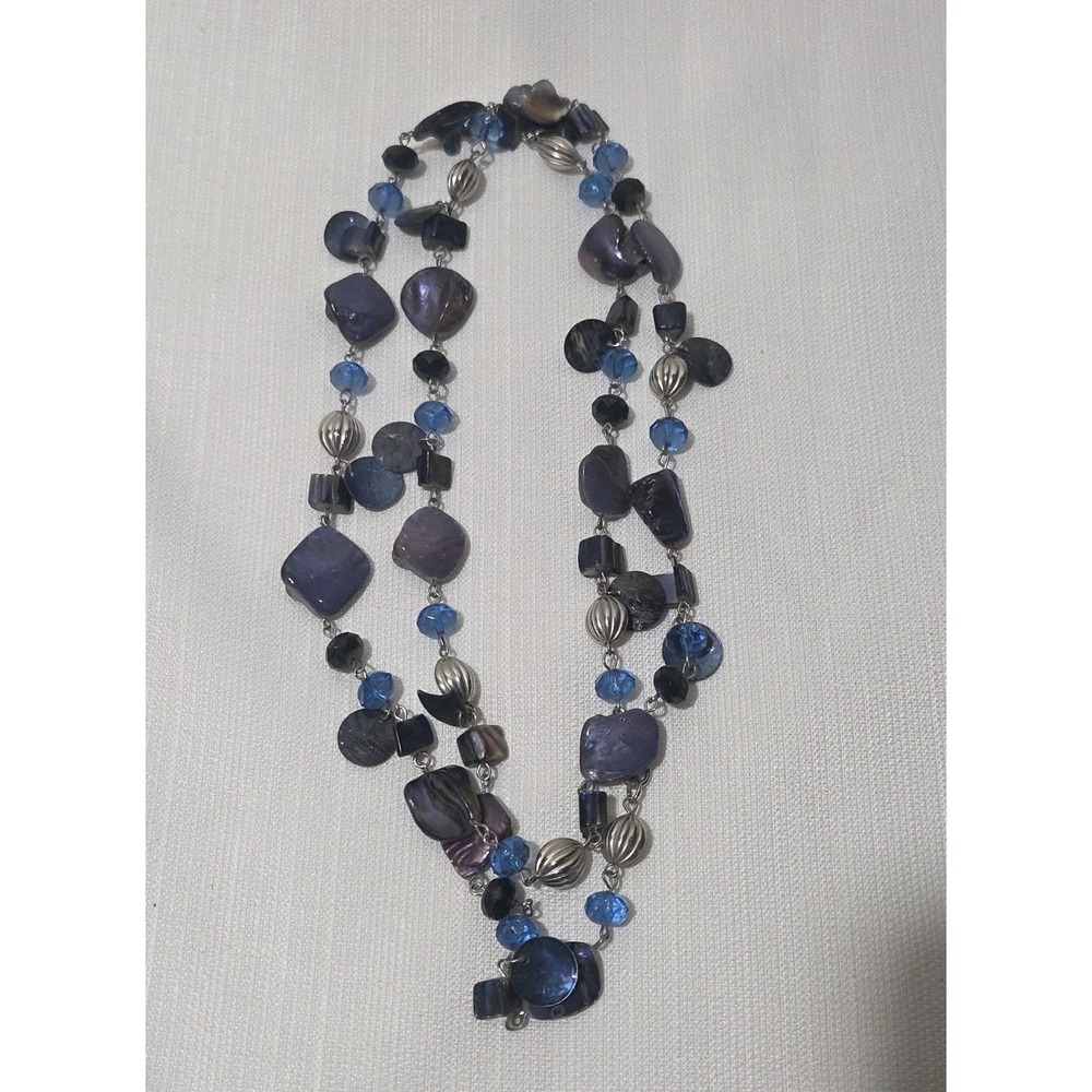 Versatile Blue Beaded Shell Necklace Single Or Double Strand Silver Tone